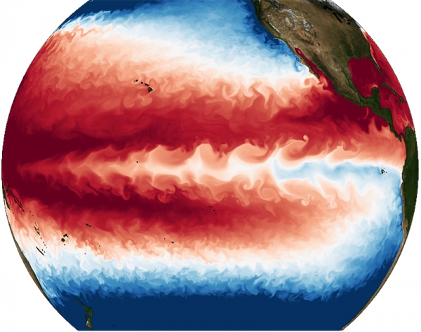 IBS 기후물리 연구단은 슈퍼컴퓨터 ‘알레프’를 이용해 지구온난화에 따른 엘니뇨-남방진동의 변동성을 시뮬레이션했다. 그림 속 적도 태평양 부근에 보이는 물결 모양 구조의 차가운 해수 흐름이 열대 불안정파를 나타낸다. (사진=기초과학연구원)