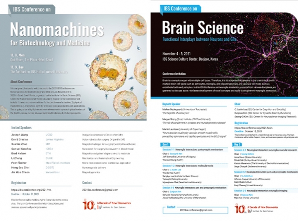▲ IBS 뇌과학 콘퍼런스(왼쪽) 및 IBS 생명공학과 의학을 위한 나노머신 콘퍼런스 포스터. (기초과학연구원)
