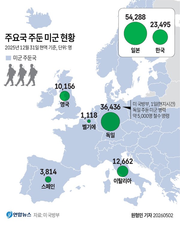 주요 국가별 주둔 미군 현황 인포그래픽
